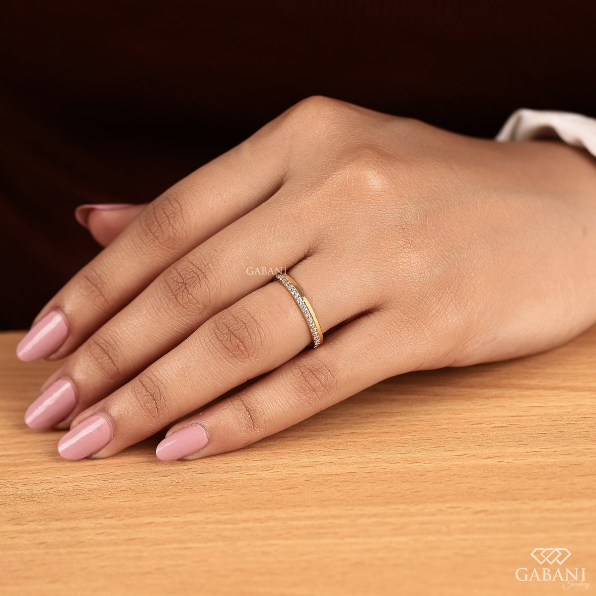 half eternity gold band with lab grown diamond pave detail