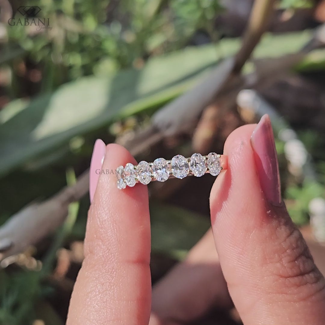oval cut lab diamond wedding band in half eternity style