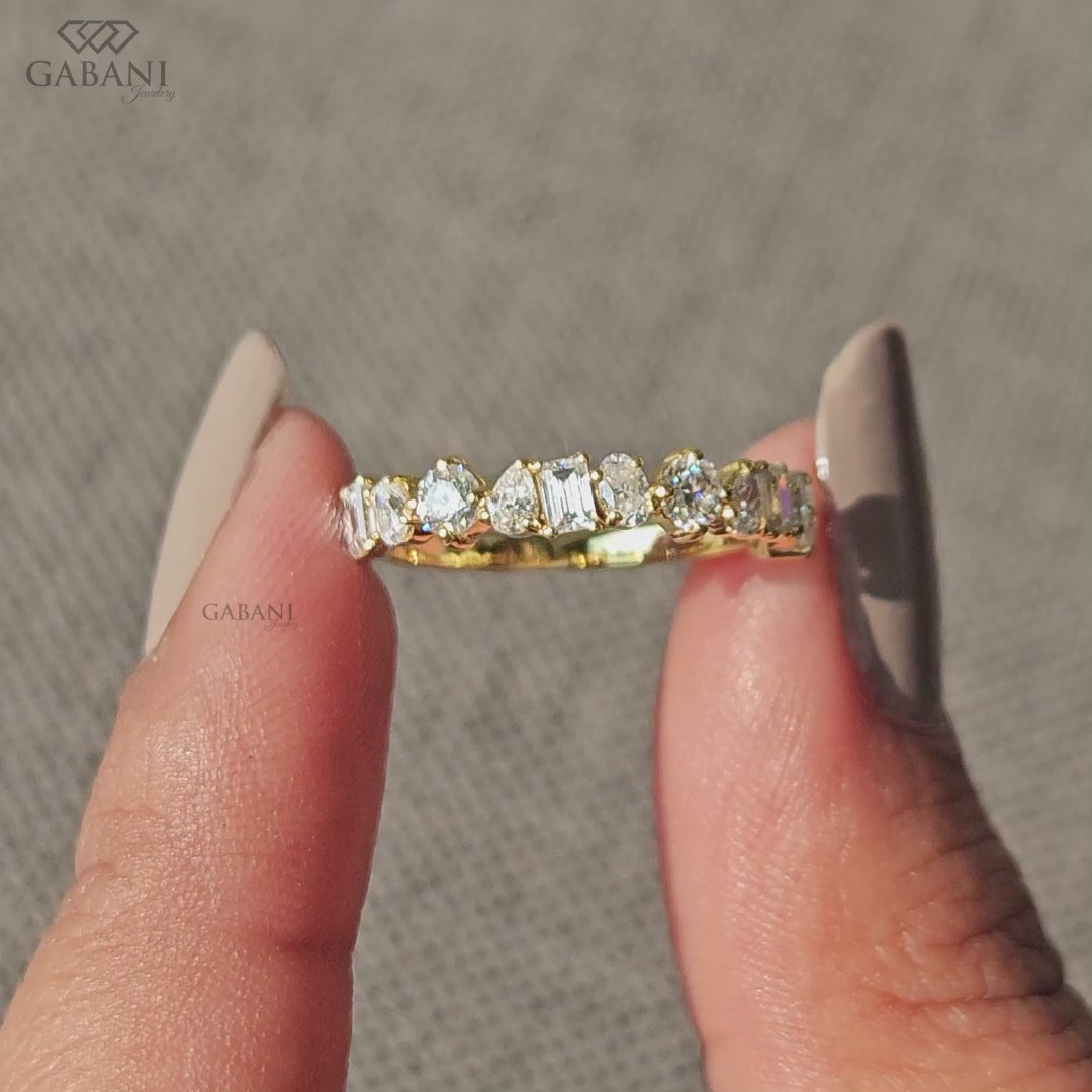 Multi shape lab diamond ring with artistic layout and elegant pipe shank design