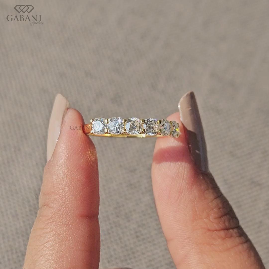 cushion cut lab created diamond wedding band crafted in yellow gold with seven evenly set diamonds