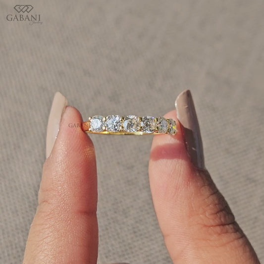 cushion cut lab created diamond wedding band crafted in yellow gold with seven evenly set diamonds