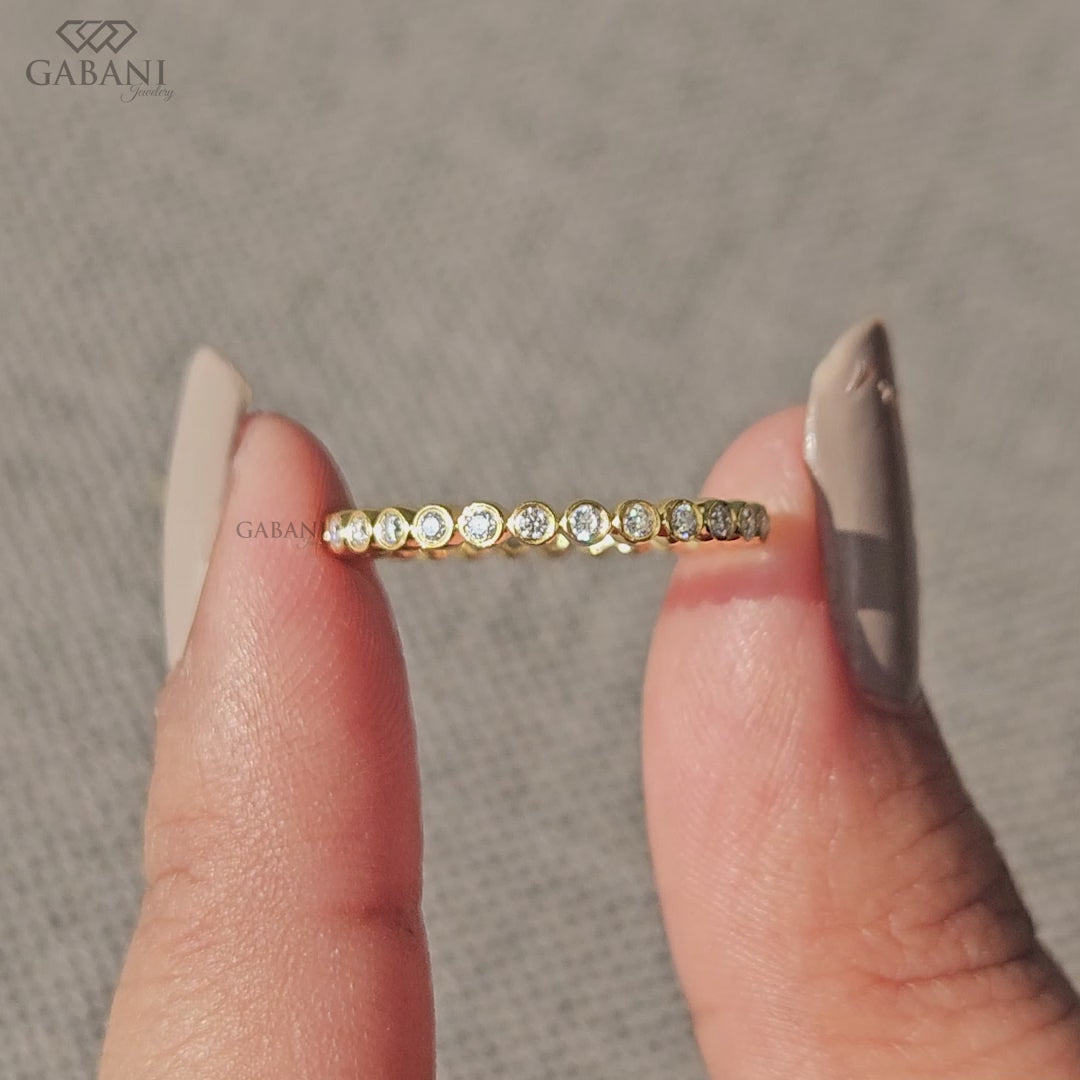 dainty lab grown diamond bezel set band in gold, minimal thin wedding ring for everyday use