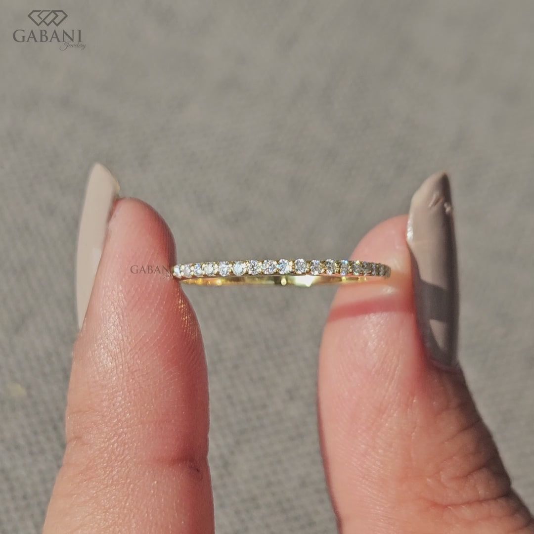 round lab diamond half eternity band in 14k gold with pave setting and thin stacking design