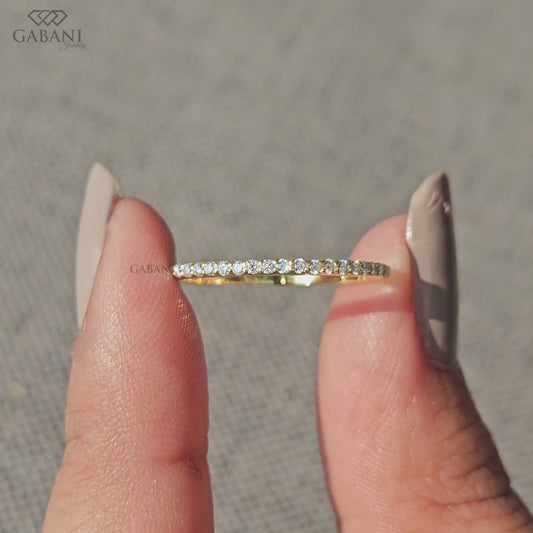 round lab diamond half eternity band in 14k gold with pave setting and thin stacking design