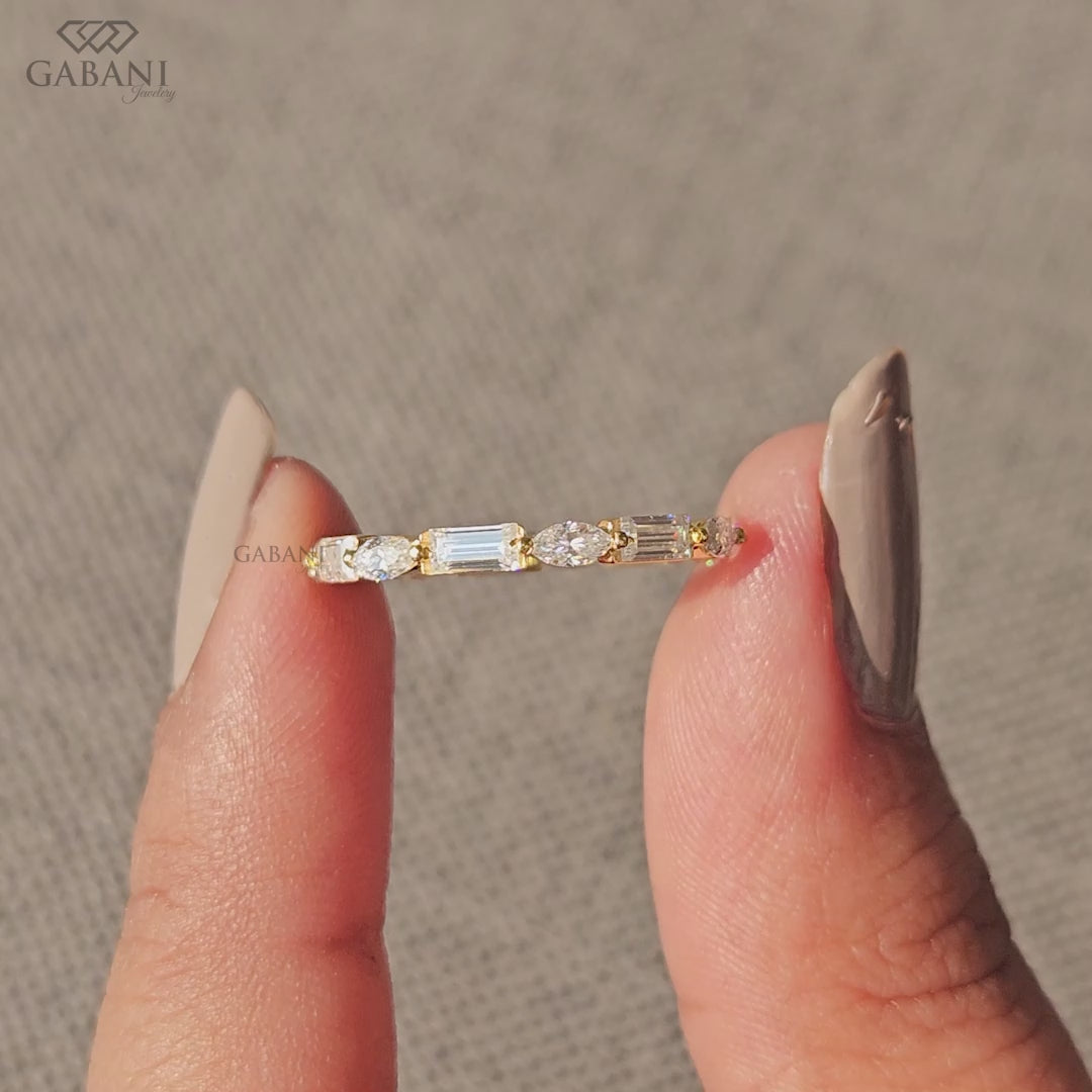 marquise and baguette lab grown diamond eternity wedding band in solid gold