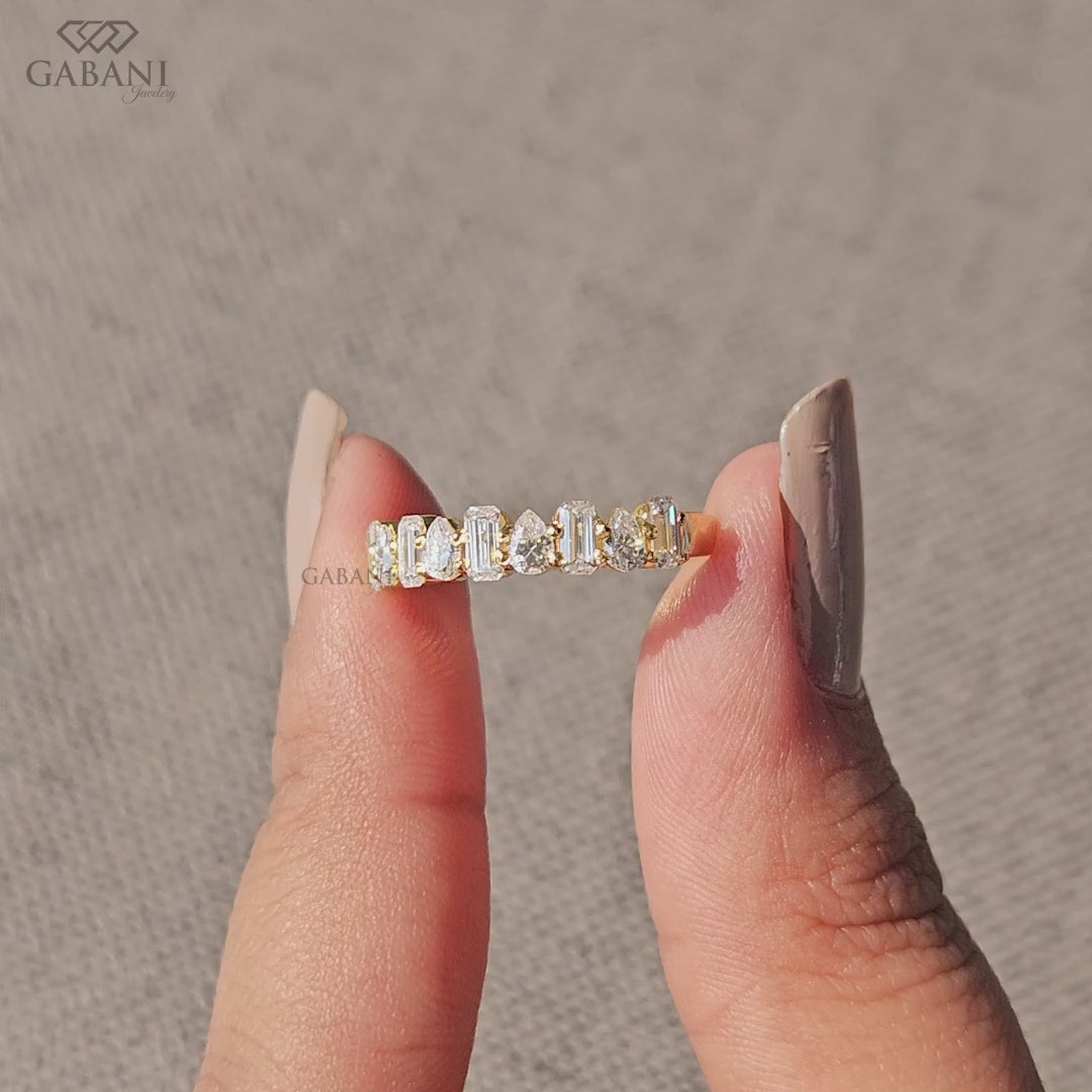 emerald and pear cut lab grown diamond band crafted in smooth solid yellow gold