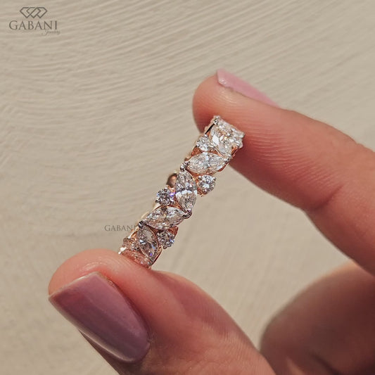 lab grown diamond band with alternating marquise and round stones in rose gold