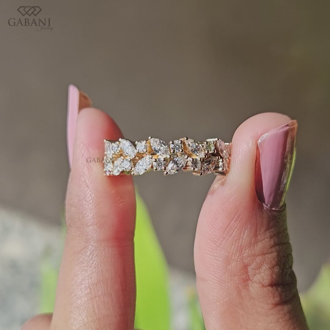 marquise and round cut lab diamond band in solid gold with double row half eternity style