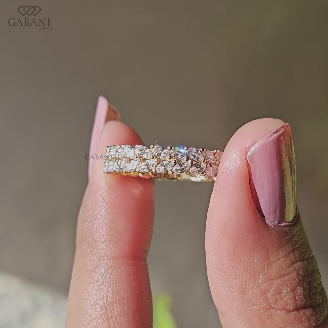 marquise lab diamond eternity band with double row design in solid gold wedding ring