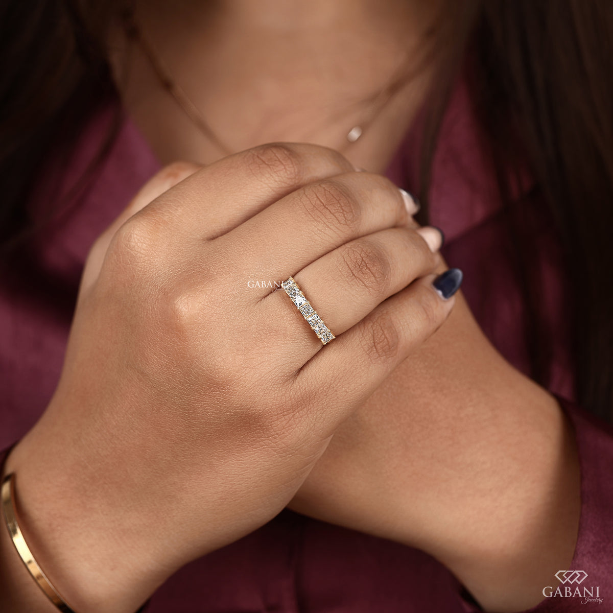 Certified lab grown diamond half eternity band with princess cut stones
