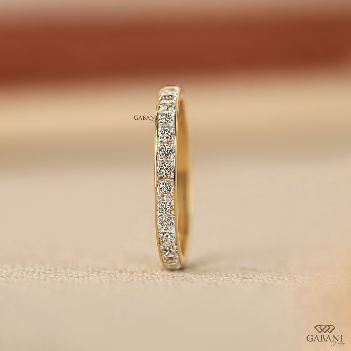 princess cut lab grown diamond half eternity band with sleek yellow gold comfort fit