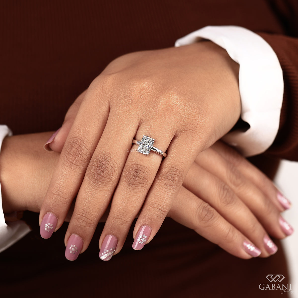 single stone radiant cut lab grown diamond ring with polished white gold band