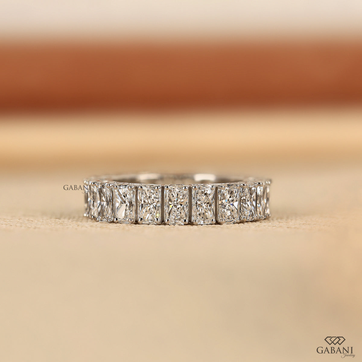 Radiant cut lab grown diamond full eternity wedding band in solid white gold with thick wide profile