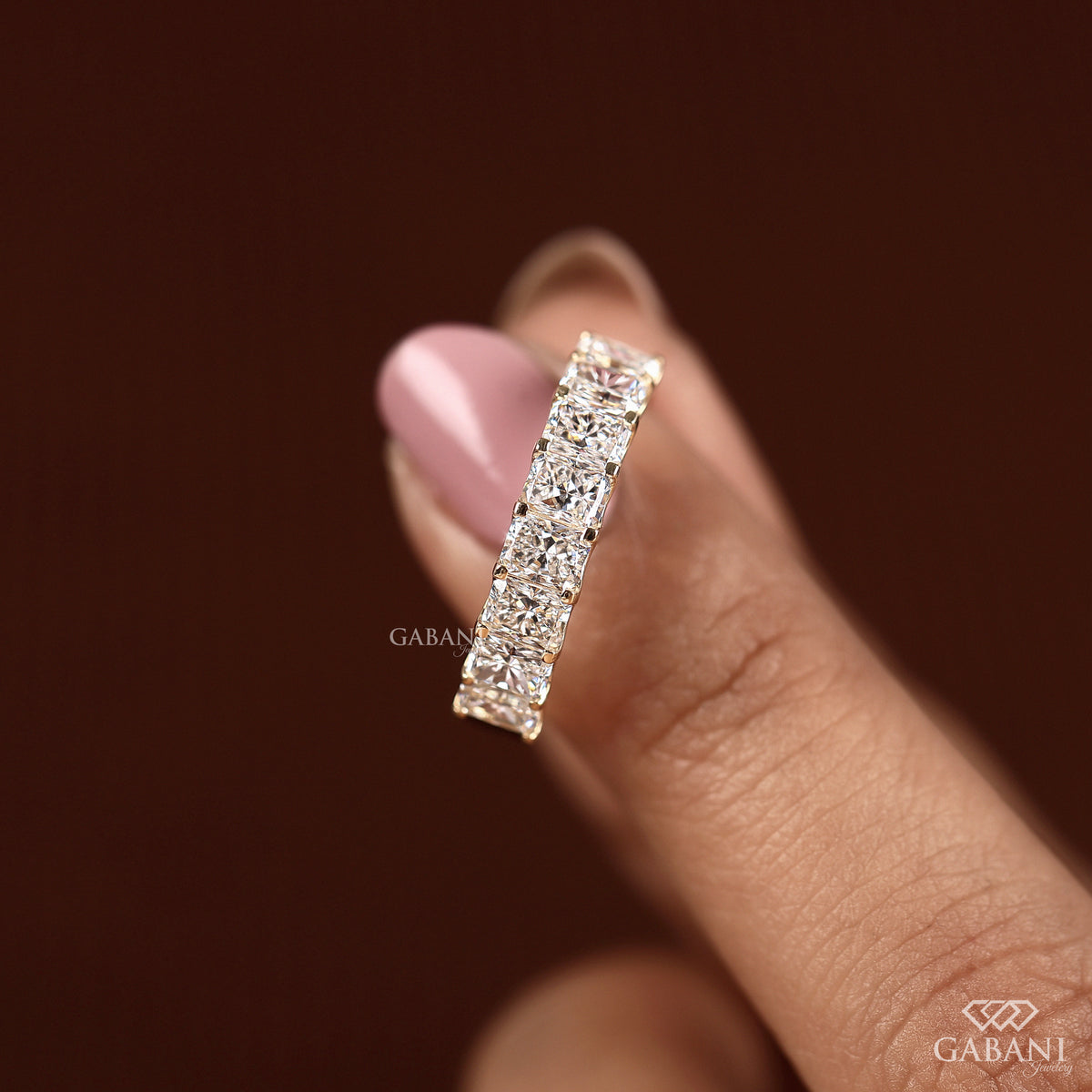 gabani jewelry radiant cut diamond wedding band in gold with slim profile and flush stacking fit