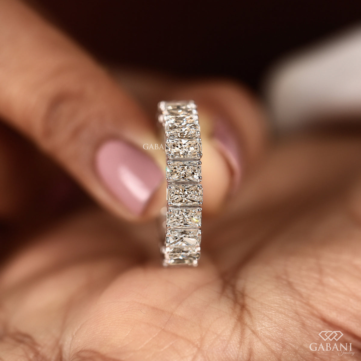Full eternity radiant cut lab grown diamond band in solid white gold
