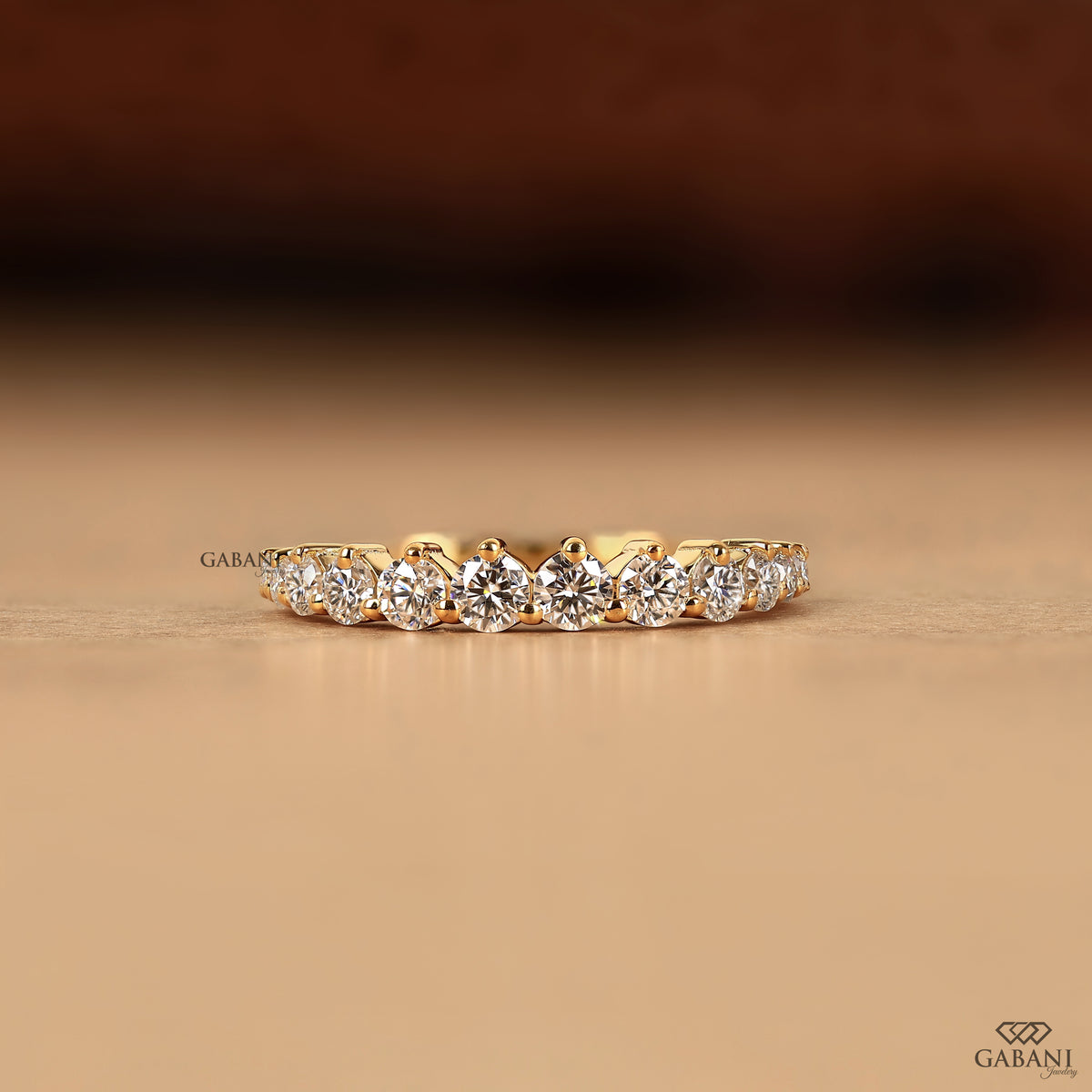 dainty half eternity band with round lab diamond in solid yellow gold