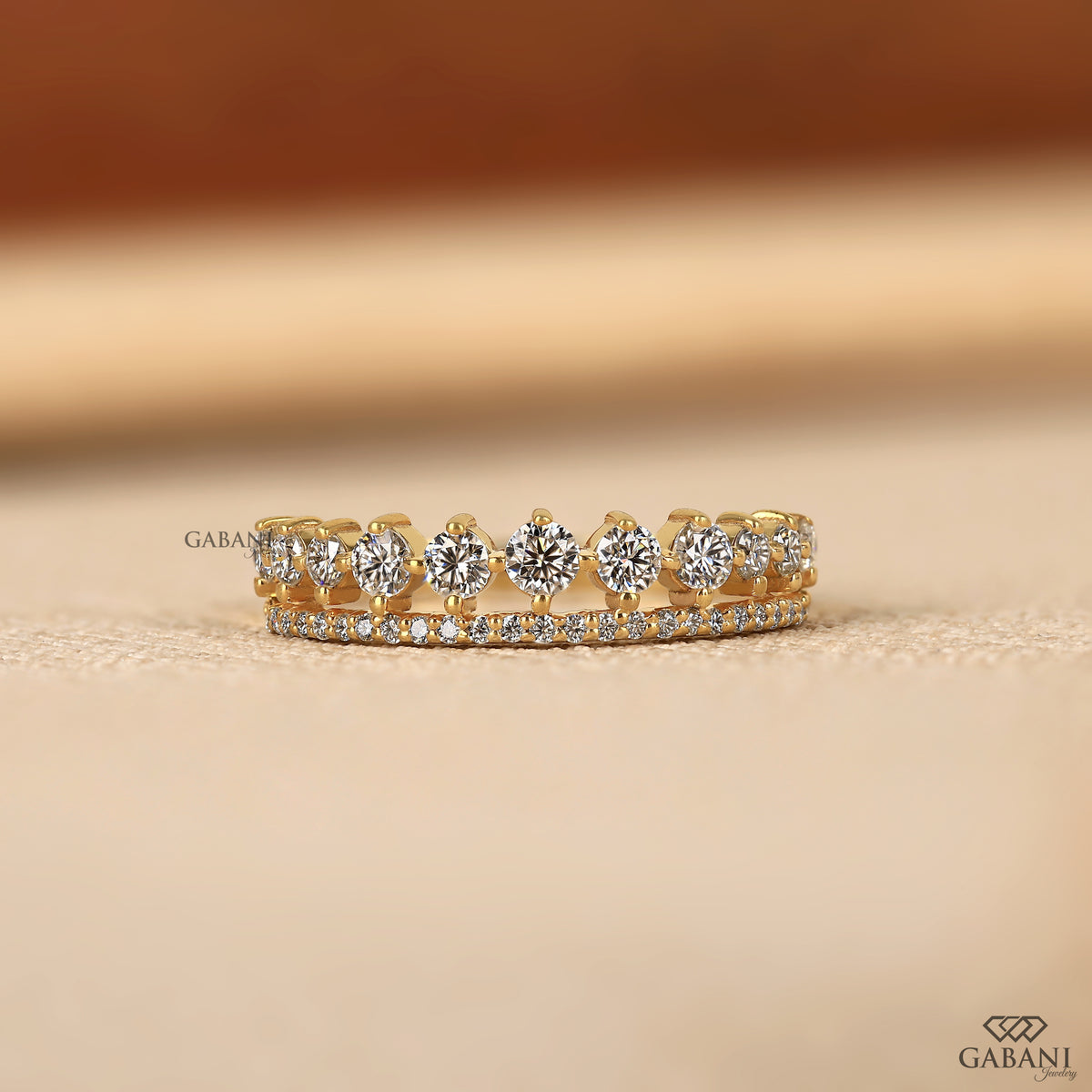 tiara wedding band with round lab grown diamonds in yellow gold half eternity design