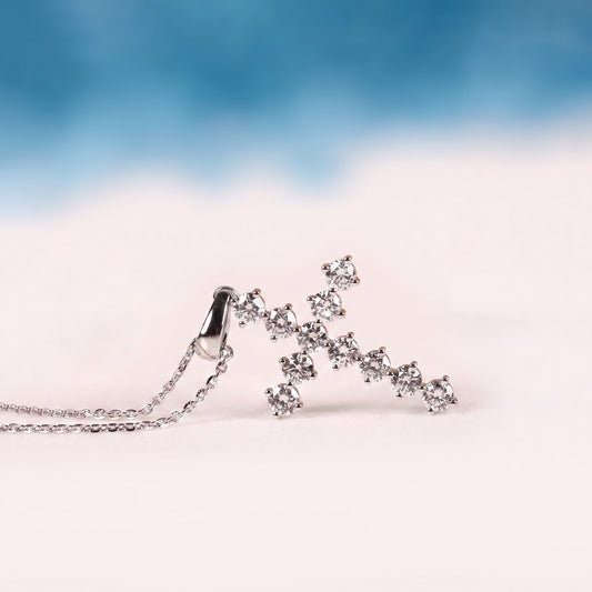 Round Cut Diamond Cross Necklace, Lab Grown Pendant for Women