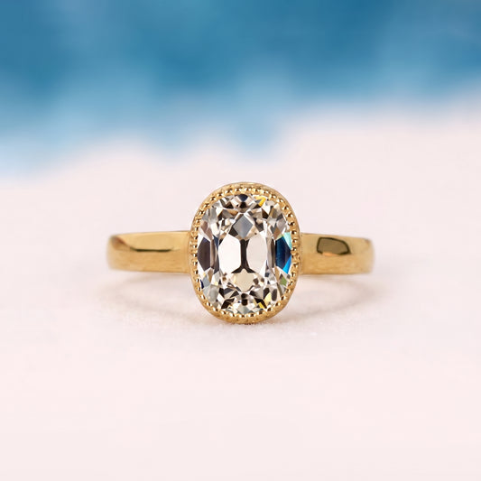 Old Mine Cushion cut Diamond Solitaire Ring - Milgrain Bezel set