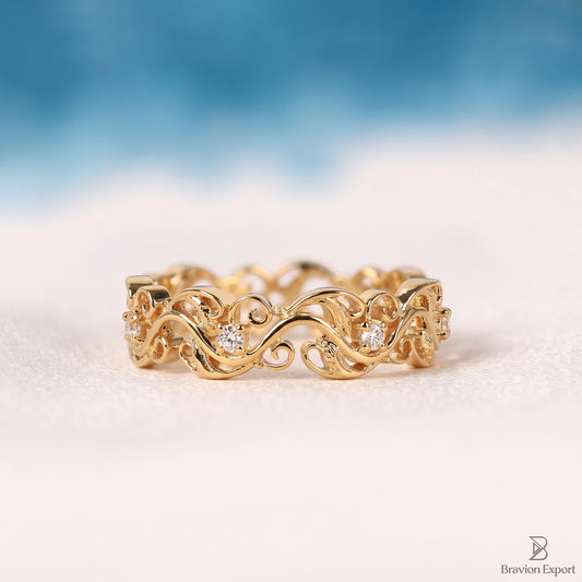 Nature Inspired Leaf Wedding Band, 14k Gold Vine Ring