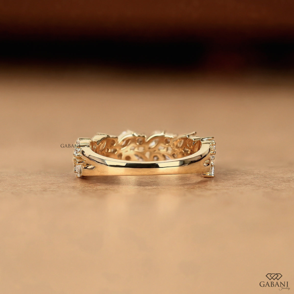double row lab grown diamond ring with marquise and round stones in solid gold band