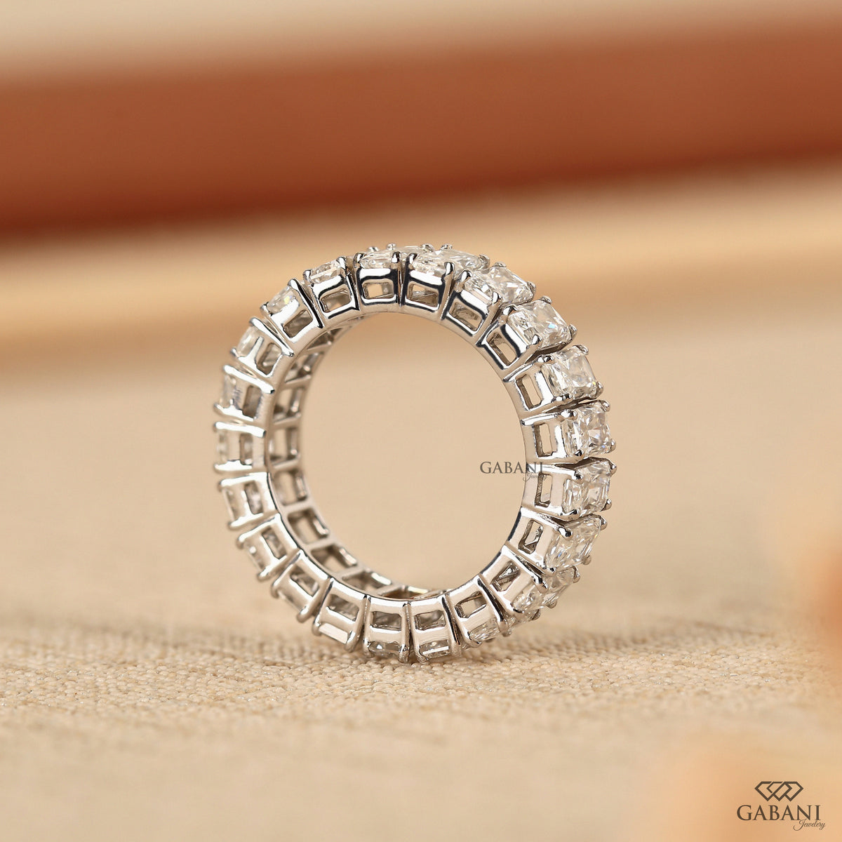 Radiant cut diamond wedding ring in white gold with thick band design