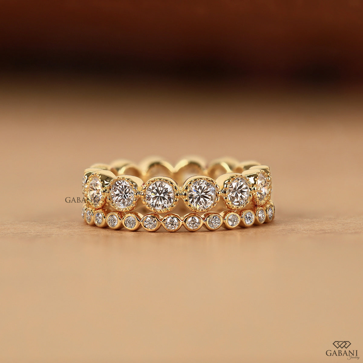 round lab diamond matching band in 14k gold with milgrain eternity setting