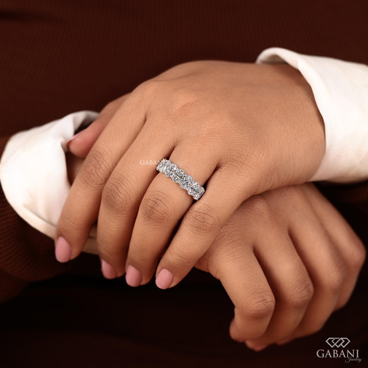 white gold wide oval lab grown diamond wedding band eternity style