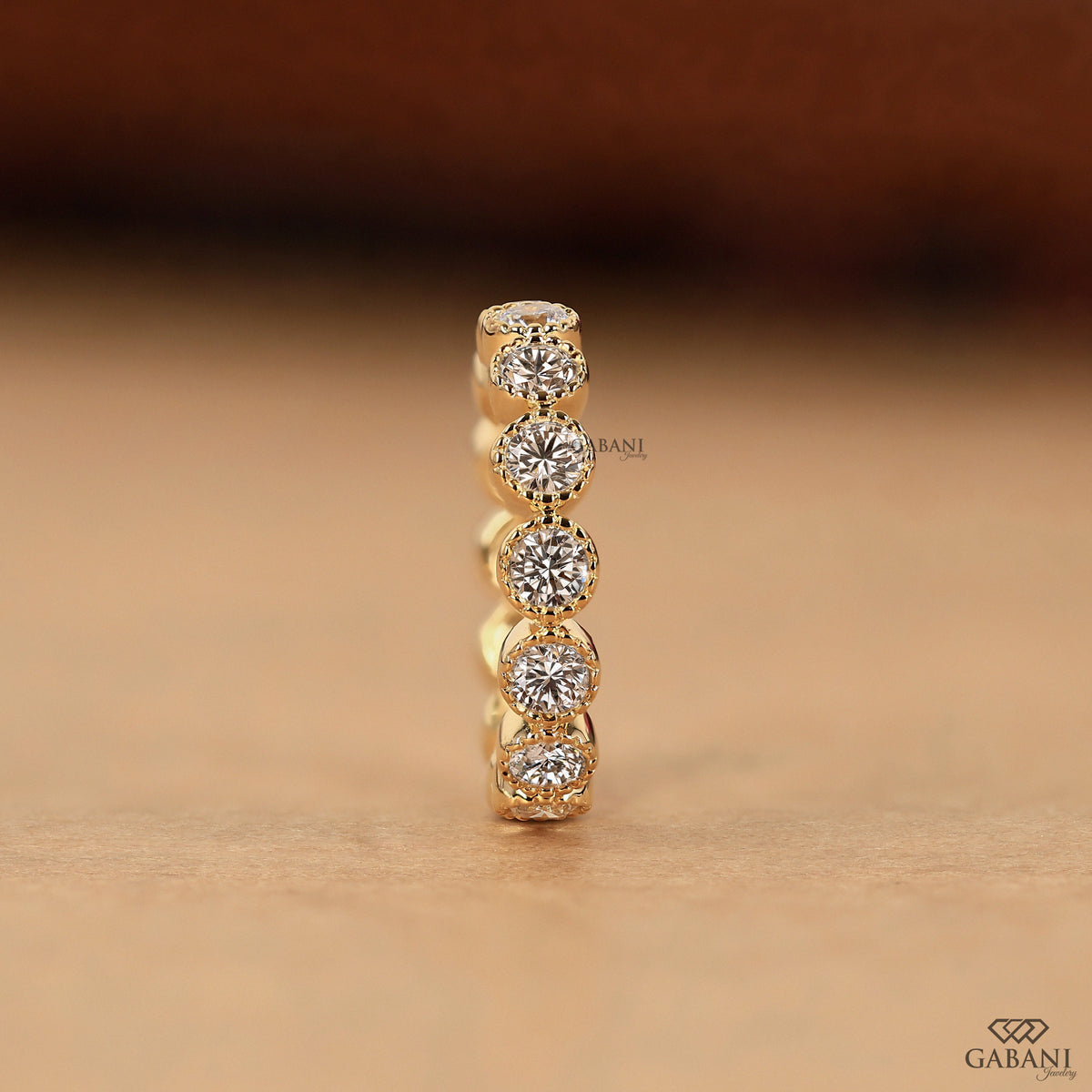 round lab diamond stackable band in 14k gold with bold milgrain edges
