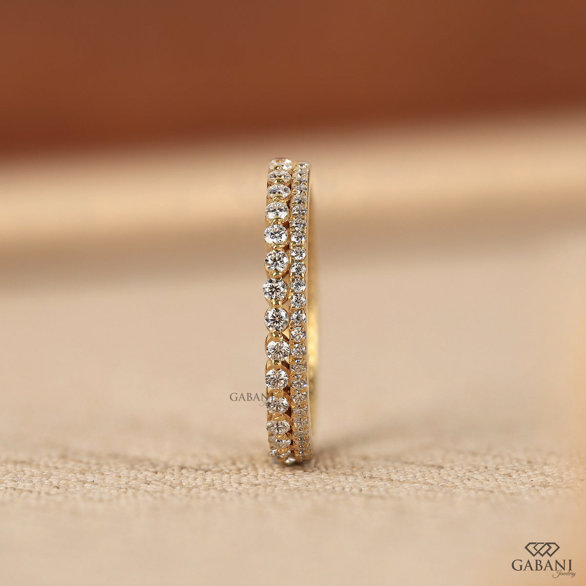lab grown diamond band in yellow gold with two row pave style and slim modern profile