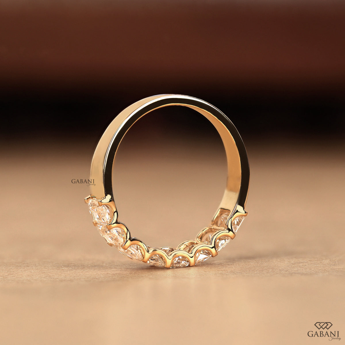 radiant cut diamond half eternity band in gold with 8 lab grown stones and clean open setting