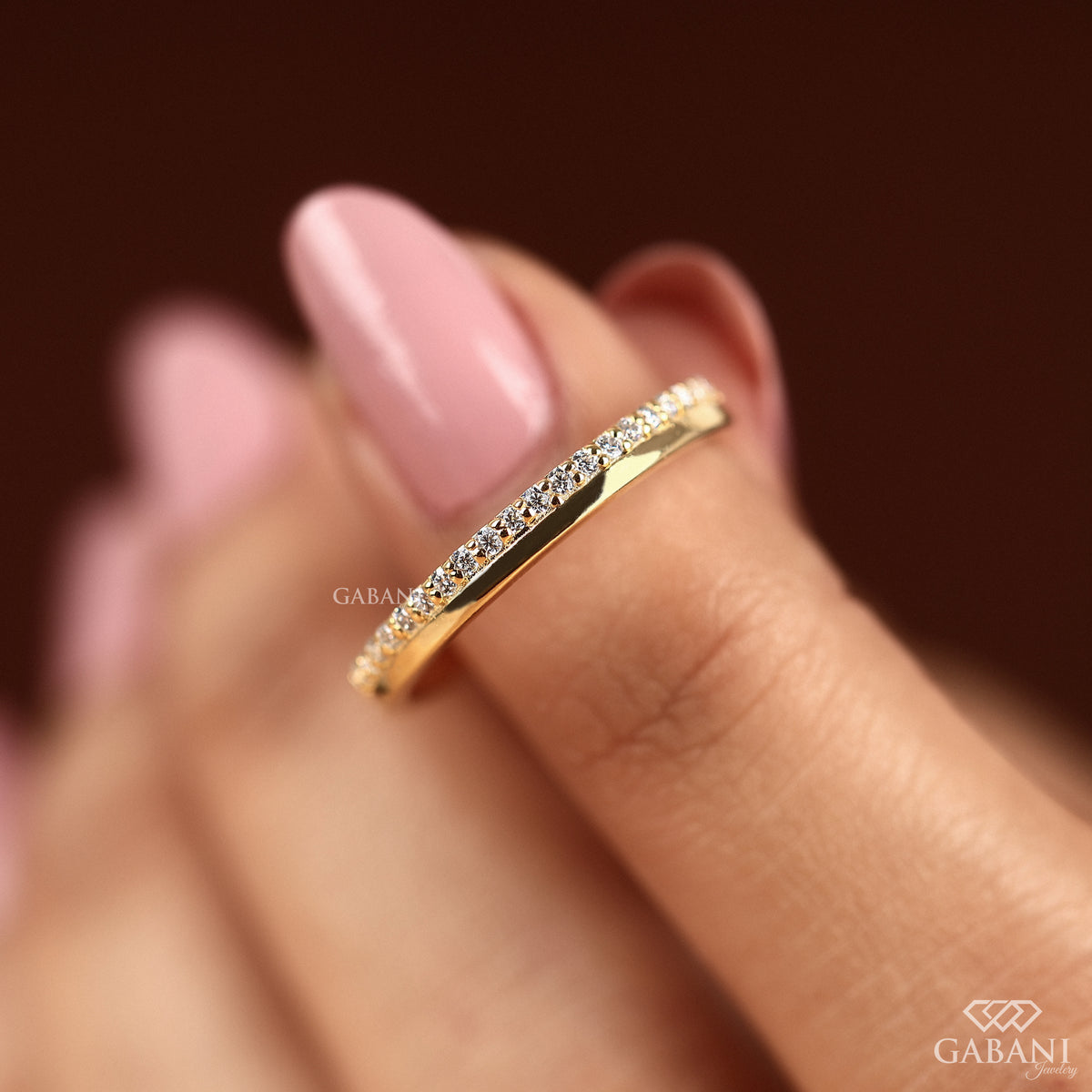 lab grown diamond stacking band with one side pave design in gold