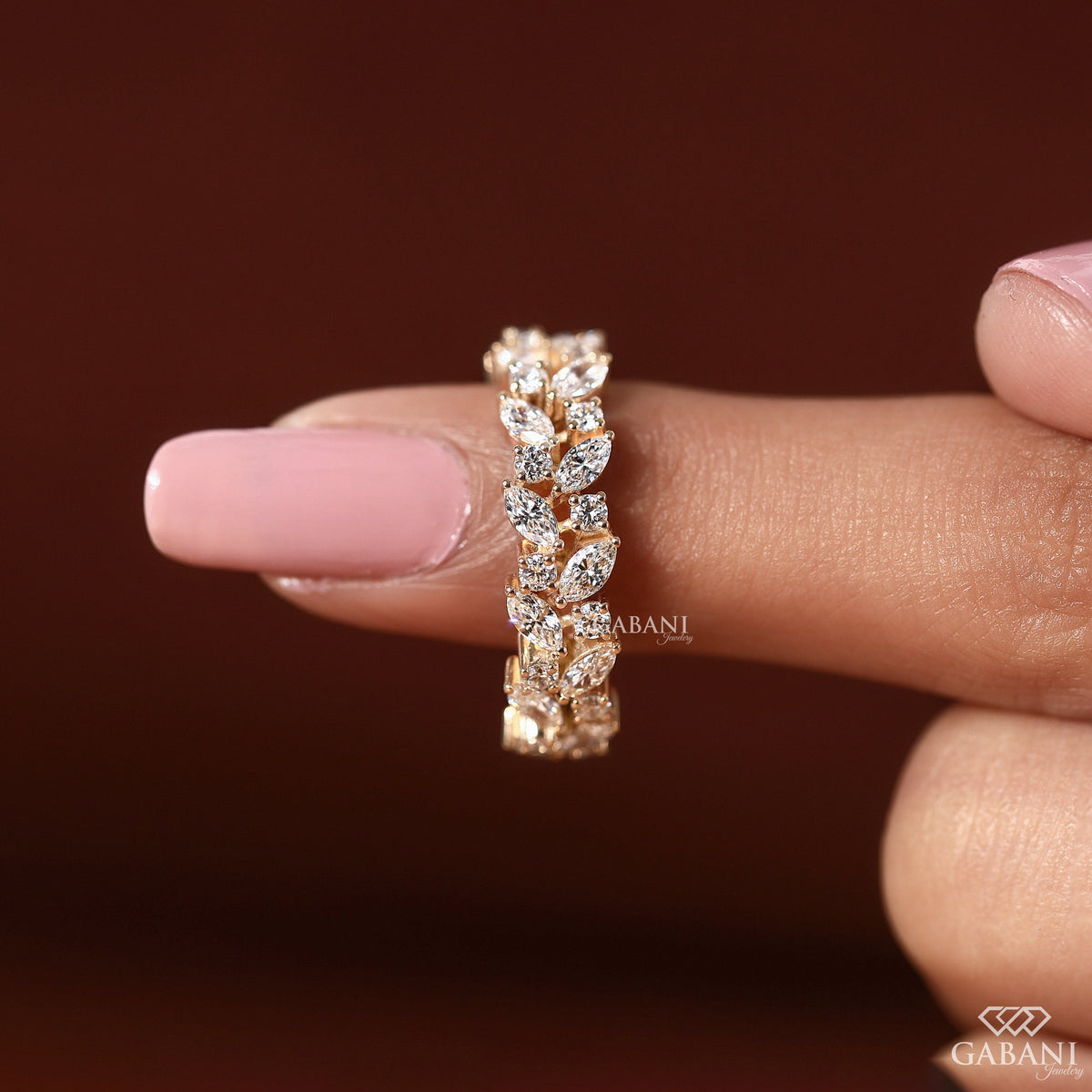 lab grown diamond double row band with marquise and round shapes in solid gold